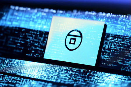 Close-up of a tablet with a security symbol on the screenの素材