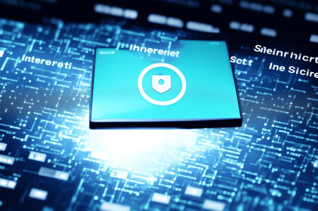 Cyber security concept: Shield icon on digital blue background, 3d renderの素材