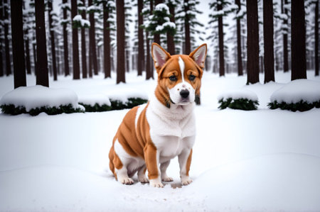 Cute Basenji dog sitting on the snow in winter forestの素材