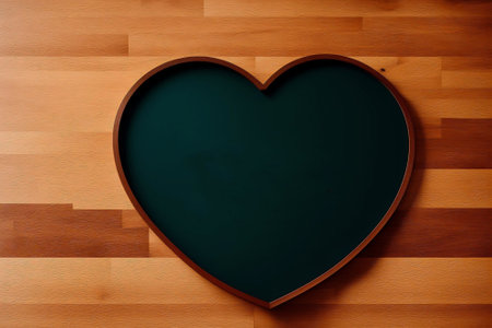 Green chalkboard in the shape of a heart on a wooden backgroundの素材
