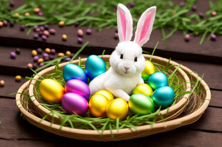 Easter bunny and colorful eggs in basket on wooden background, Happy Easter conceptの素材