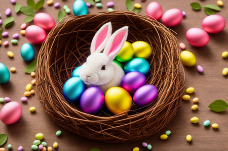 Easter bunny and colorful eggs in nest on wooden background. Happy Easter.の素材