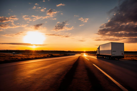 Truck on the road at sunset. Freight transportation concept.の素材