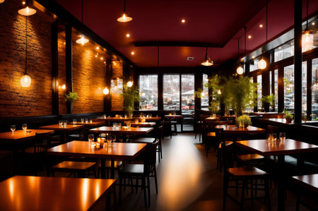 interior of a restaurant with red brick walls and black tables and chairsの素材