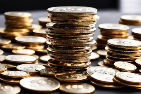 Stacks of gold coins on a dark background. Business concept.の素材