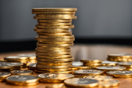 Stack of gold coins on wooden table, Business and finance concept.の素材