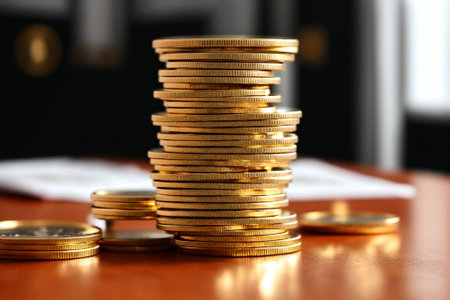 Stack of gold coins on table, closeup. Financial growth conceptの素材
