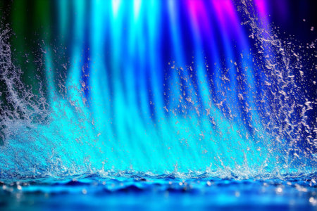 water fountain with blue and green rays on black background, close upの素材