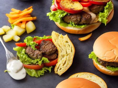 Homemade hamburgers with fresh vegetables and sauce on black backgroundの素材