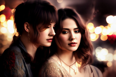 Portrait of two beautiful young women in elegant dresses posing at night.の素材