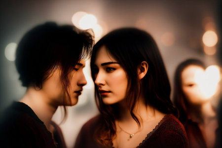 Two young Asian women looking at each other in a dark roomの素材