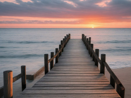 Wooden pier on the beach at sunset, Baltic Sea, Polandの素材