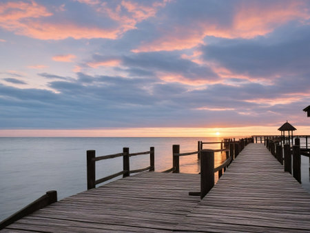 Wooden jetty leading to the sea at sunset with dramatic cloudsの素材