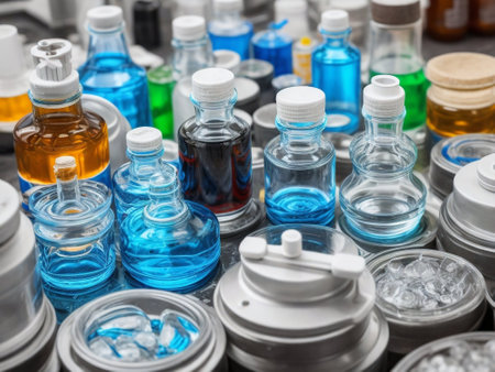 Medicine bottles of different colors and sizes in a medical laboratory.の素材