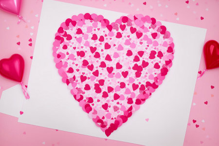 Valentines day greeting card with hearts and confetti on a pink backgroundの素材