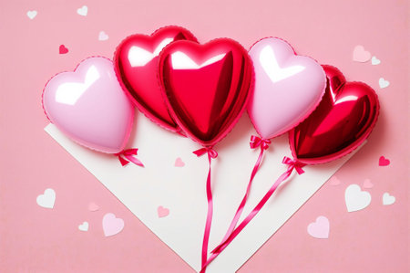 Valentine's day background with heart shaped balloons on pink backgroundの素材