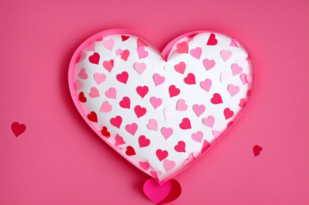 Valentine's Day background with paper hearts on a pink backgroundの素材