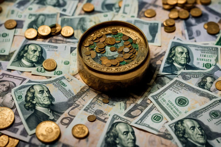 Coins and coins on the background of the dollar bills. Business concept.の素材
