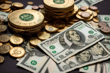 Gold coins and dollars on a dark background close up. Business conceptの素材