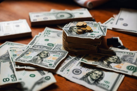 Dollars and coins on a wooden table. Business concept.の素材
