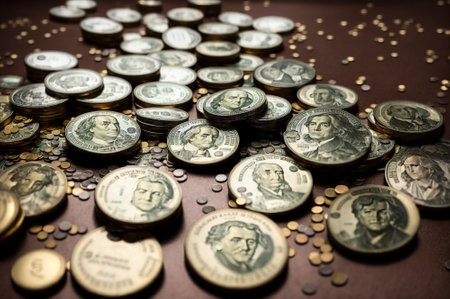American dollar coins on brown background. Selective focus. Toned.の素材