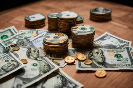 Coins and dollar bills on a wooden table. Business concept.の素材