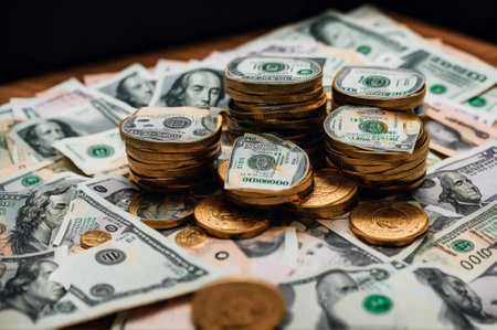 Dollars and coins on a wooden table. Business concept.の素材