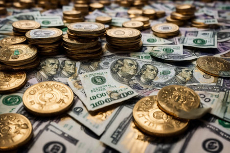 Gold coins on the background of dollar bills. Close-up.の素材