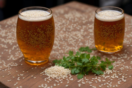 Two glasses of beer with sesame seeds and parsley on wooden tableの素材