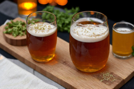 Two glasses of beer on a wooden board on a black background.の素材