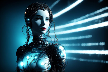 3D rendering of a female robot on a blue background with lightsの素材