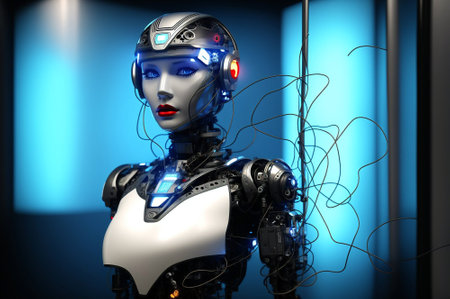 3d rendering of a female robot with red lips and blue lightsの素材