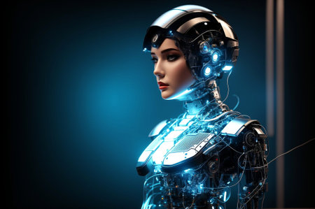 Beautiful female robot on dark blue background. 3D rendering.の素材