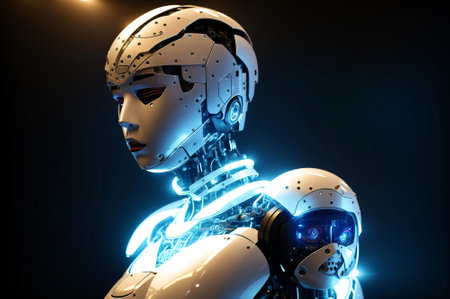3d rendering robot or cyborg woman with glowing lights on black backgroundの素材