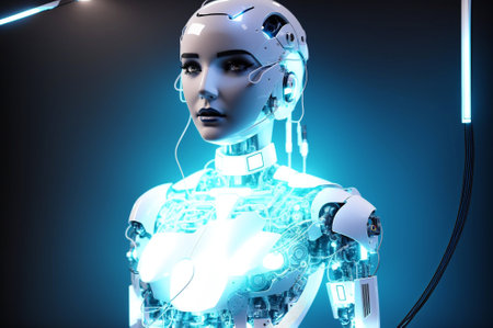 3d rendering female robot or cyborg with artificial intelligence on dark backgroundの素材