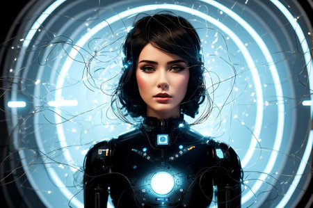 Cyborg woman with futuristic interface. Sci-fi concept. 3D Renderingの素材