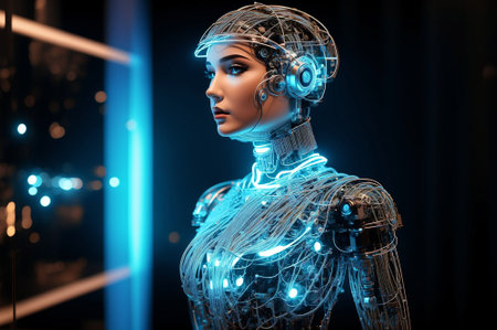 3d rendering of a female robot with blue lights in the backgroundの素材