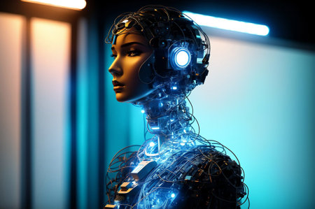 3d rendering of female robot with artificial intelligence concept in blue lightの素材