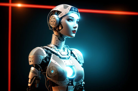 3d rendering female robot or cyborg with glow on black backgroundの素材