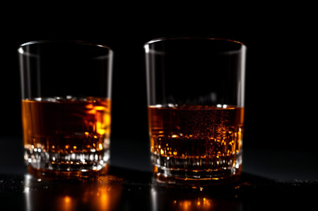 Two glasses of scotch whiskey on a black background, close-upの素材