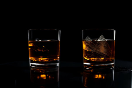 Two glasses of whiskey with ice cubes on a black background. Close-upの素材