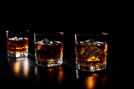 Two glasses of whiskey with ice on a black background. Close-up.の素材