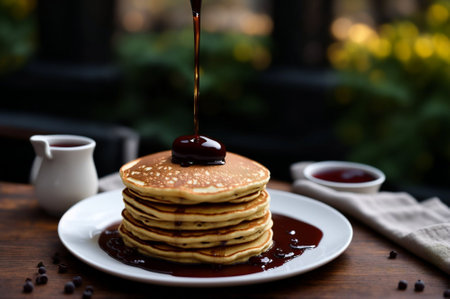 Pancakes with chocolate syrup on a wooden table, selective focusの素材