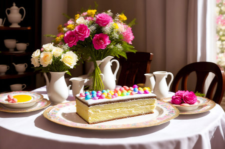 Sponge cake with cream and a bouquet of flowers on the tableの素材