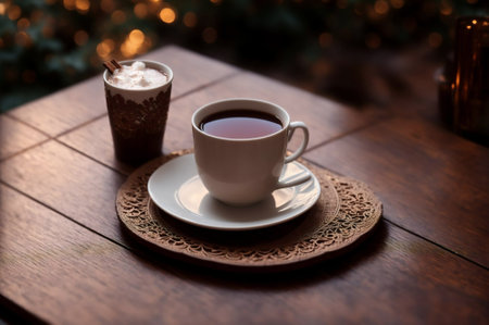 Cup of hot tea on wooden table with Christmas tree in backgroundの素材