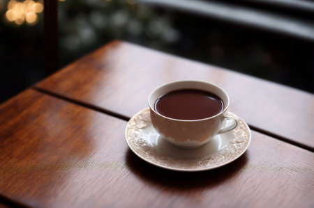 Cup of tea on wooden table in coffee shop, closeupの素材
