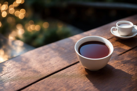 Cup of tea on wooden table with bokeh background.の素材