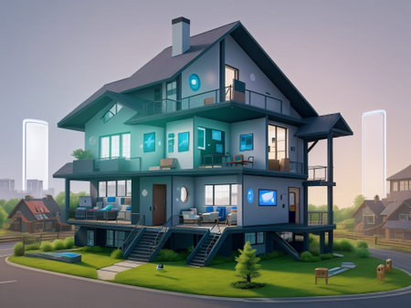 3D rendering of a modern cozy house in the middle of the cityの素材