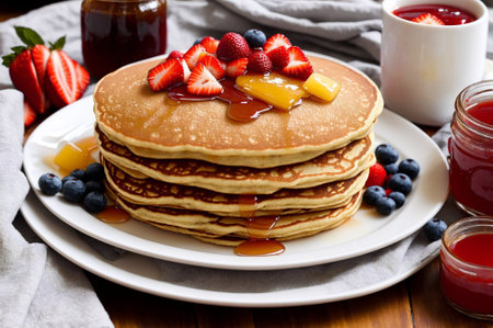 Stack of pancakes with fresh berries and maple syrup. Selective focus.の素材