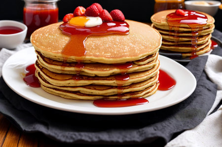Stack of pancakes with strawberry and maple syrup on a wooden table.の素材